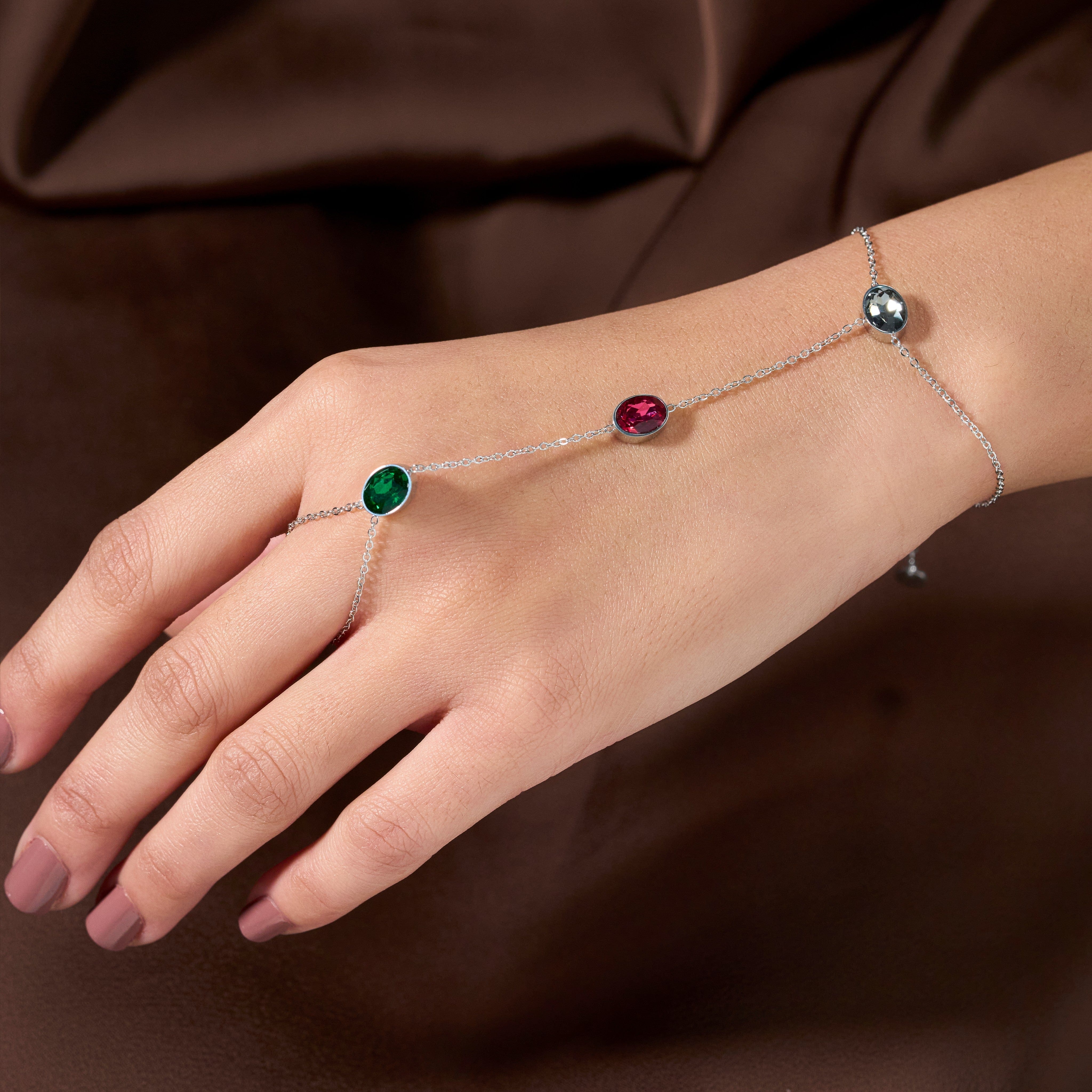 Multi Stone Silver Ring Chain Bracelet